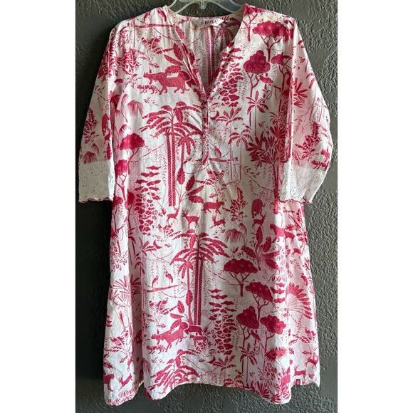 BIBA Jungle Print Dress with Pockets and 3/4 Sleeves with Eyelet Trim Size 36/L - Picture 1 of 3
